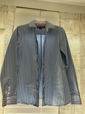 Vineyard Vines Size 6 Striped Blue Button-Down Shirt with Ruffle Trim